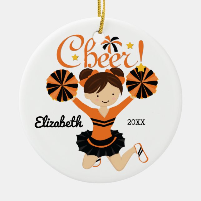 Orange & Bla Cheer Dark Hair Cheerleader Ornament (Front)