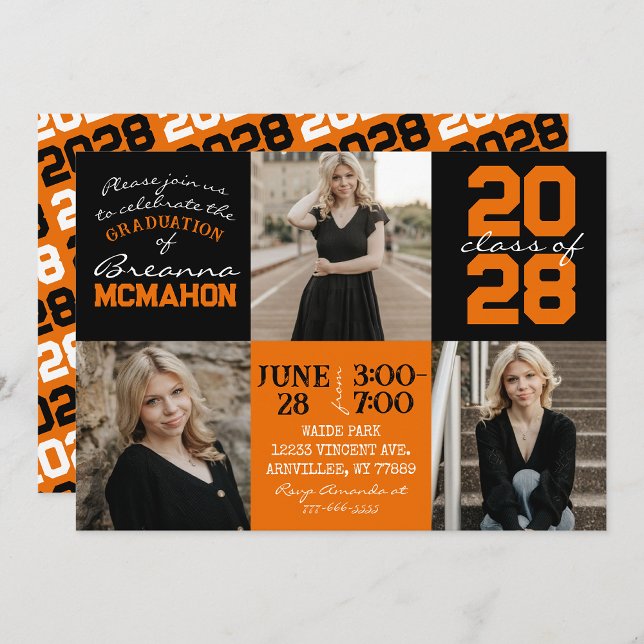 Orange & Black 3 Photo Graduation Invitation (Creator Uploaded)