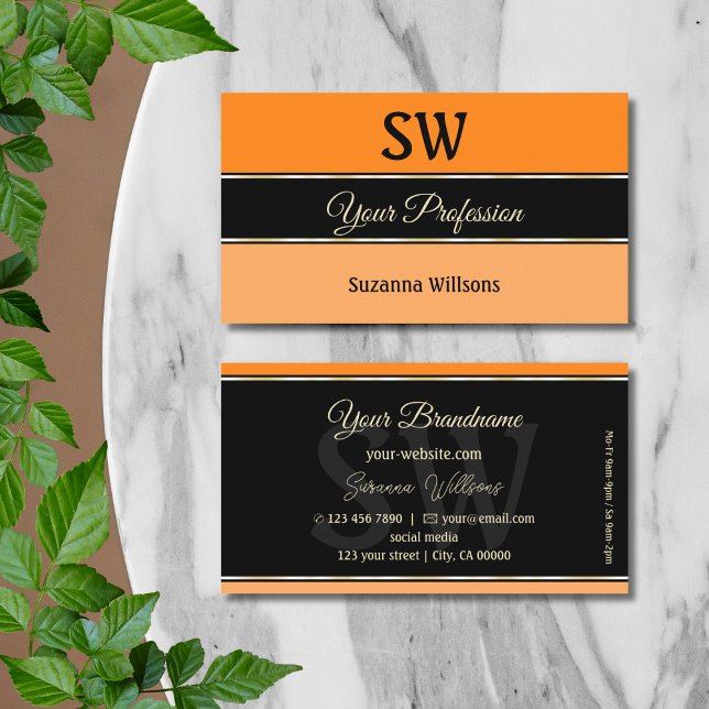 Orange Black and Peach Stripes Chic with Monogram Business Card (Creator Uploaded)