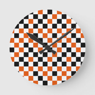 Orange Black and White Chequered Round Clock