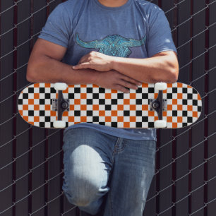 Orange Black and White Chequered Skateboard