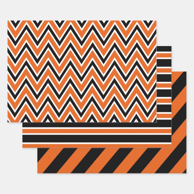Orange, Black, and White Chevron & Stripe Patterns Wrapping Paper Sheet (Set)