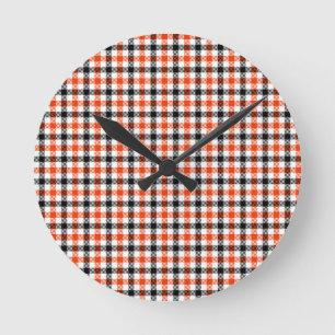 Orange Black and White Gingham Check Round Clock