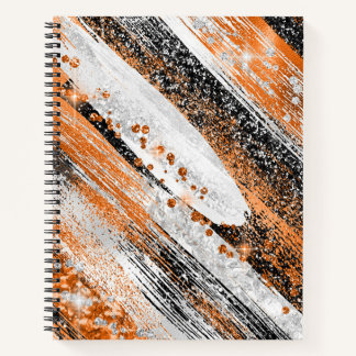 Orange, Black, and White Glitter Brush Strokes Notebook