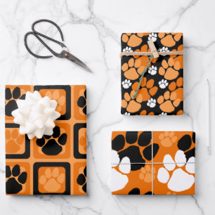 Orange, Black and White Pawprint  Wrapping Paper Sheet