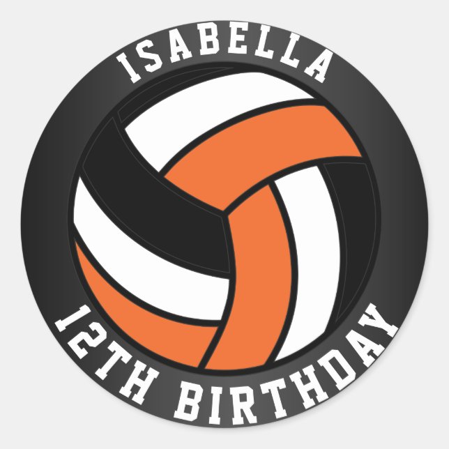 Orange, Black and White Volleyball Birthday Classic Round Sticker (Front)