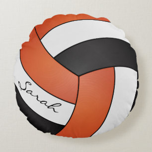 Orange, Black and White Volleyball DIY Name Round Cushion