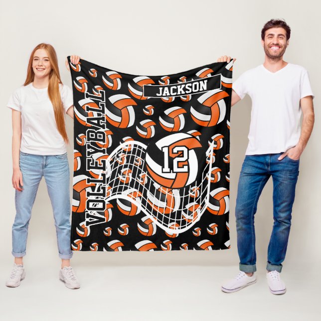 Orange, Black and White Volleyball Pattern Fleece Blanket (In Situ)