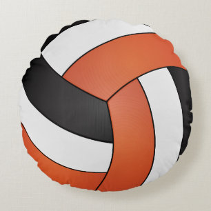 Orange, Black and White Volleyball Round Cushion