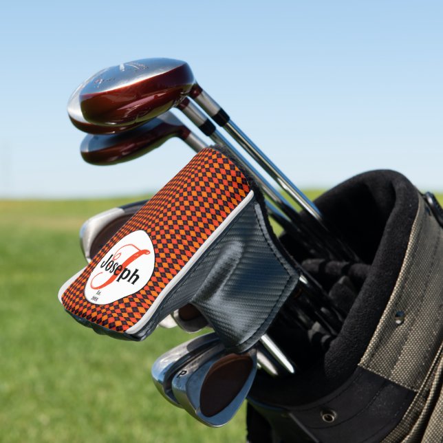 Orange Black Argyle Monogrammed Golfer's Favourite Golf Head Cover (In Situ)