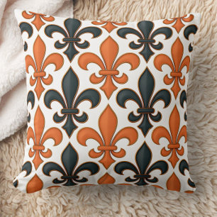Orange Black Baroque Fleur-de-lis Pattern Design Cushion