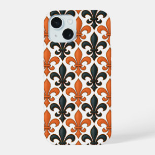 Orange Black Baroque Fleur-de-lis Pattern Design iPhone 15 Case