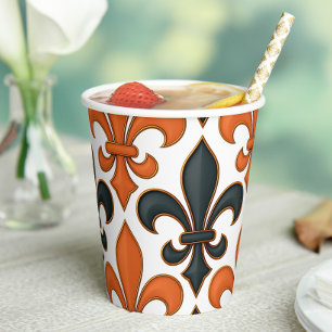 Orange Black Baroque Fleur-de-lis Pattern Design Paper Cups