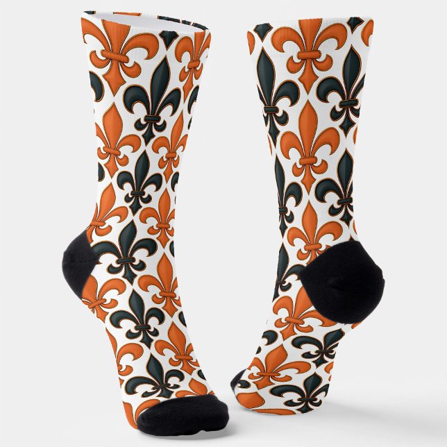 Orange Black Baroque Fleur-de-lis Pattern Design  Socks (Creator Uploaded)