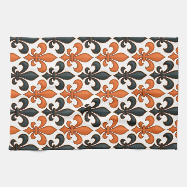 Orange Black Baroque Fleur-de-lis Pattern Design  Tea Towel (Horizontal)