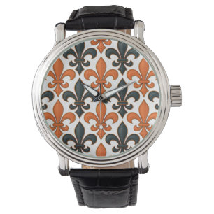 Orange Black Baroque Fleur-de-lis Pattern Design Watch