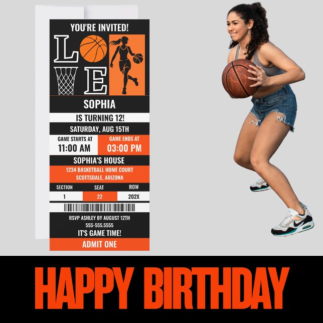 Orange Black Basketball Girl Birthday Ticket  Invitation (Creator Uploaded)