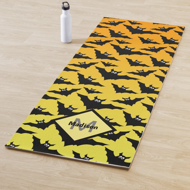 Orange black bats Halloween pattern Monogram Yoga Mat (In Situ)
