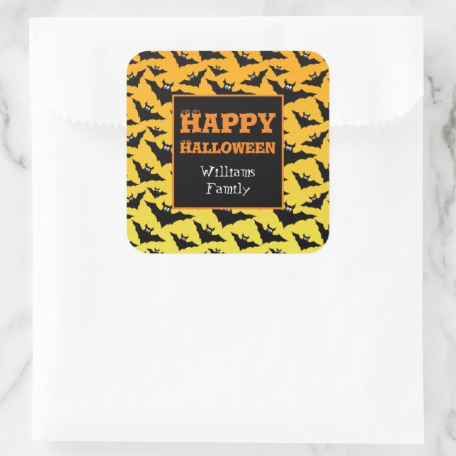 Orange black bats Halloween pattern Personalise Square Sticker (Bag)