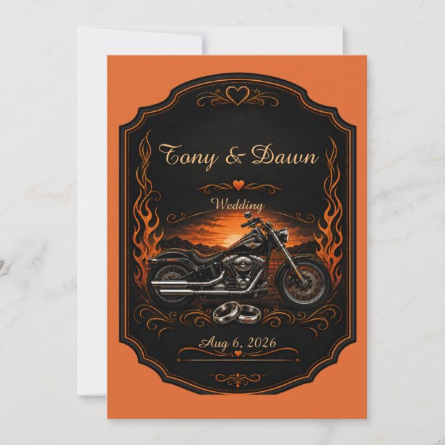 Orange Black Biker Wedding Motorcycle Invitation (Front)
