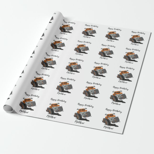 Orange Black Boys' Monster Truck Name Birthday  Wrapping Paper (Unrolled)