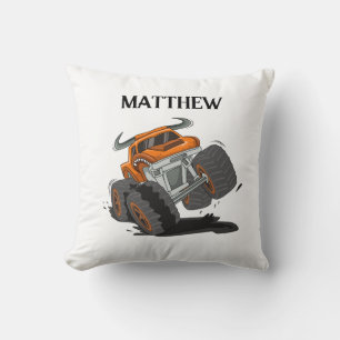 Orange Black Boys' Monster Truck Name Personalised Cushion