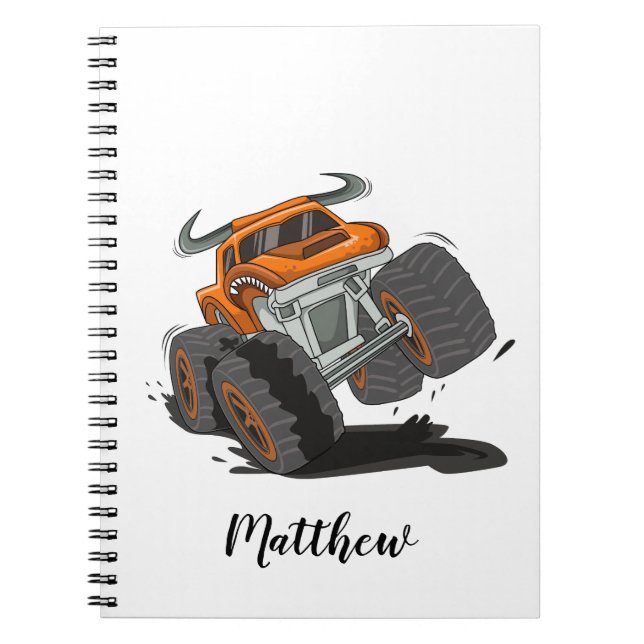 Orange Black Boys' Monster Truck Name Personalised Notebook (Front)
