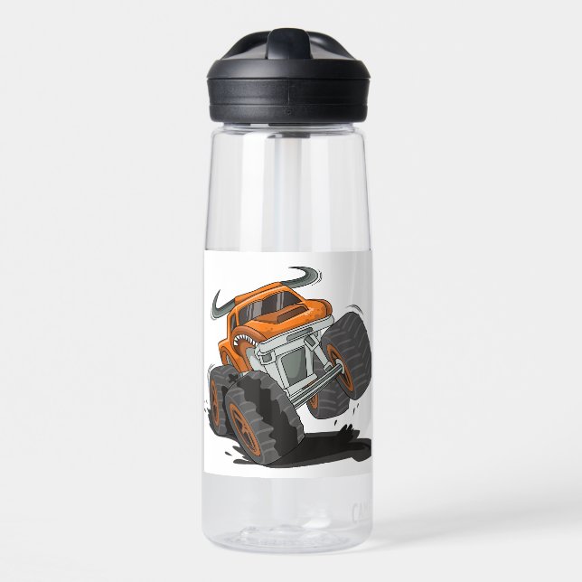Orange Black Boys' Monster Truck Name Personalised Water Bottle (Front)