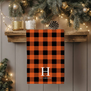 Orange Black Buffalo Plaid Monogram Holiday Tea Towel