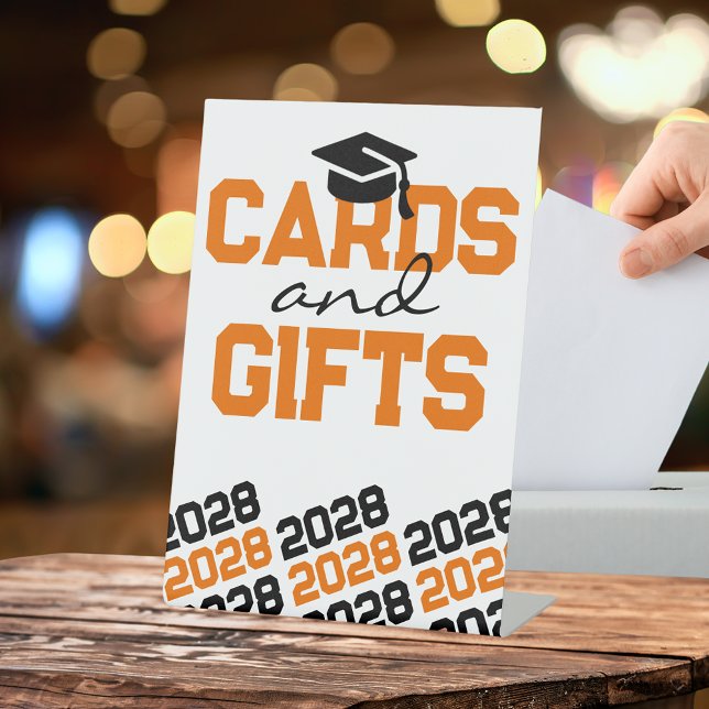 Orange & Black Cards & Gifts Graduation Table Pedestal Sign (Orange, White and Black Graduation Cap Class Year Cards and Gifts Table Pedestal Sign)