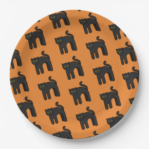 Orange Black Cat Pattern Halloween Party Paper Plate