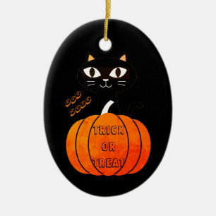 Orange & Black Cat Pumpkin Cute Spooky Halloween Ceramic Tree Decoration