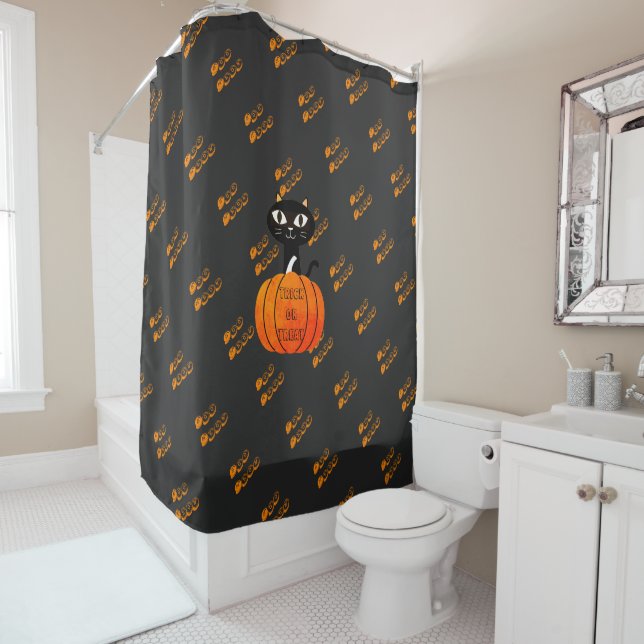 Orange Black Cat Pumpkin Trick or Treat Halloween Shower Curtain (In Situ)