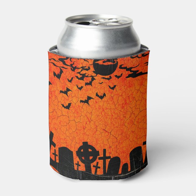 Orange Black Cemetery Halloween Can Cooler (Can Front)