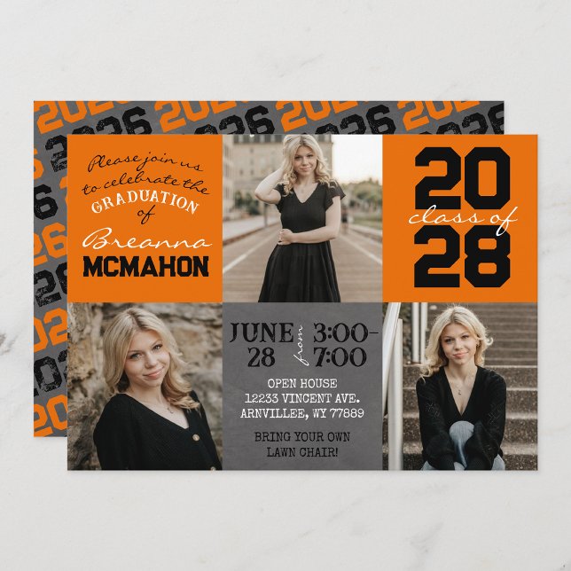 Orange & Black Chalkboard 3 Photo Graduation Invitation (Creator Uploaded)