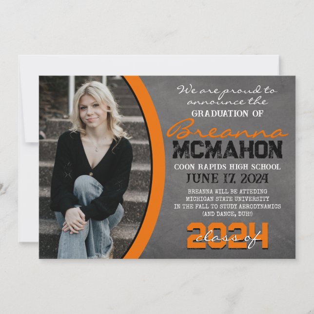 Orange & Black Chalkboard Graduation Announcement (Front)
