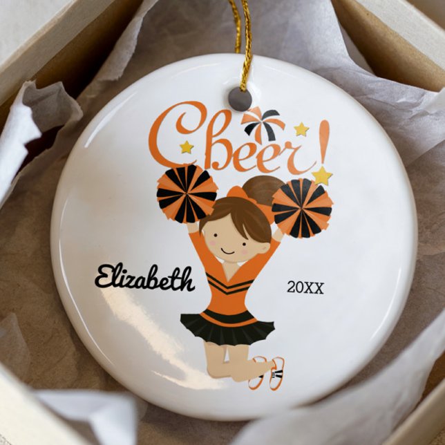 Orange & Black Cheer Brunette Cheerleader Ornament (Creator Uploaded)