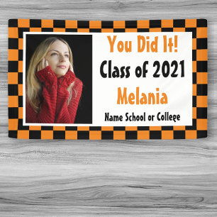 Orange Black Chequerboard Photo Graduation Banner