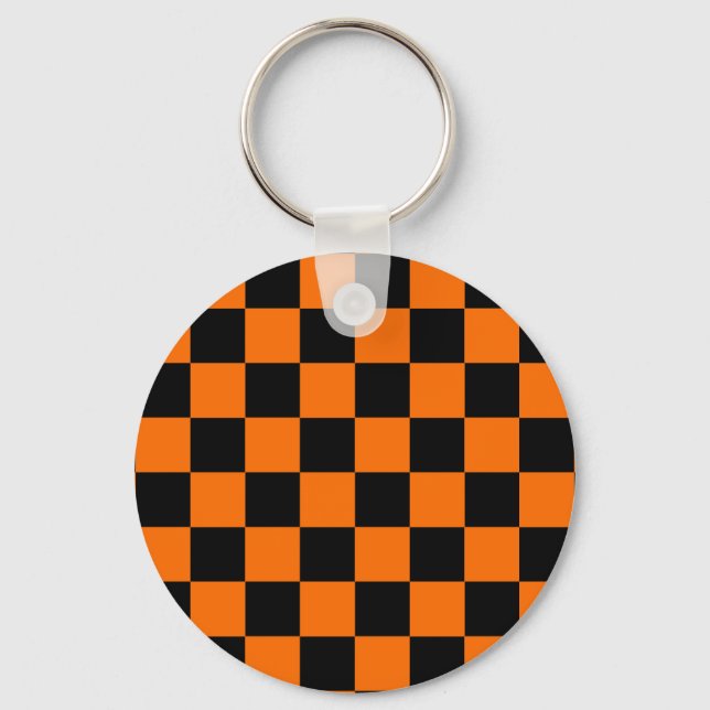 Orange Black Chequered Check Pattern Key Ring (Front)