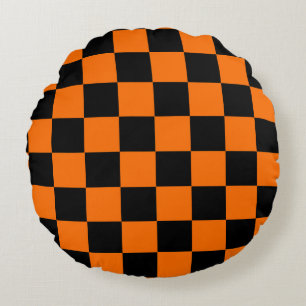 Orange Black Chequered Check Pattern Round Cushion