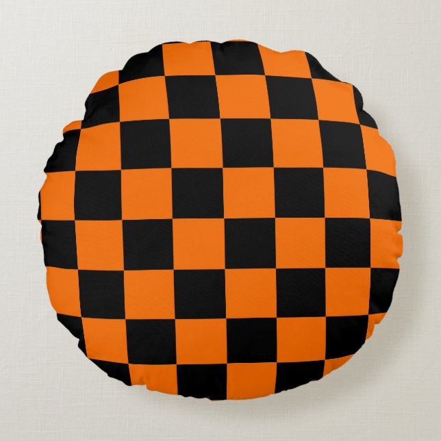 Orange Black Chequered Check Pattern Round Cushion (Front)