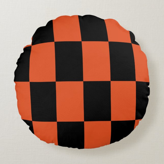 Orange black Chequered Check Pattern Round Cushion (Front)
