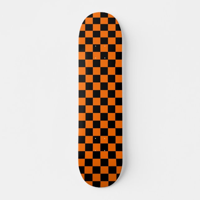 Orange Black Chequered Check Pattern Skateboard (Front)