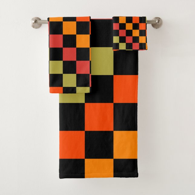 Orange Black Chequered Gingham Pattern Bath Towel Set (Insitu)