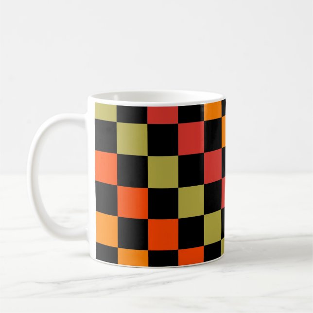 Orange Black Chequered Gingham Pattern Coffee Mug (Left)