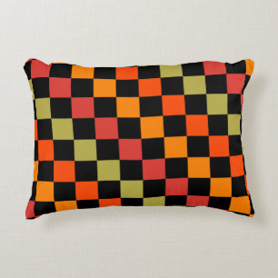 Orange Black Chequered Gingham Pattern Decorative Cushion