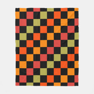 Orange Black Chequered Gingham Pattern Fleece Blanket