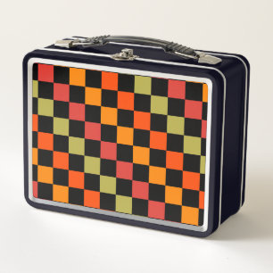 Orange Black Chequered Gingham Pattern Metal Lunch Box