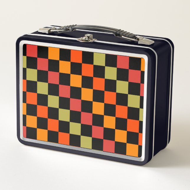 Orange Black Chequered Gingham Pattern Metal Lunch Box (Front)