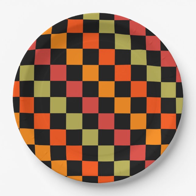 Orange Black Chequered Gingham Pattern Paper Plate (Front)